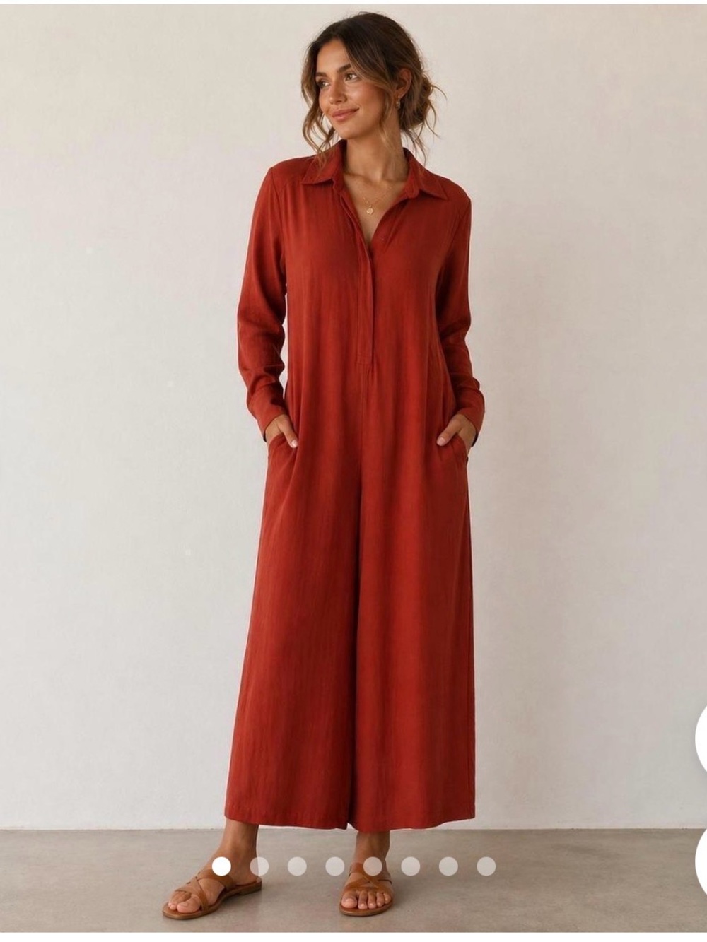 Free People Rust Collared Button-Front Wide-Leg Jumpsuit